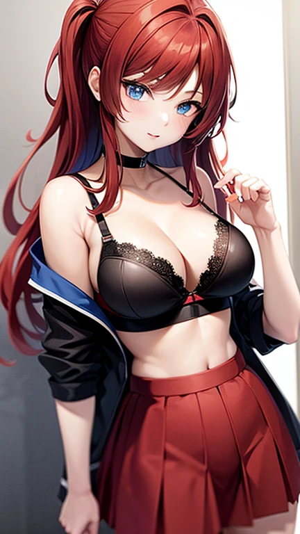 An anime girl with red hair and blue eyes wearing a skirt and an open shirt revealing a black and red bra