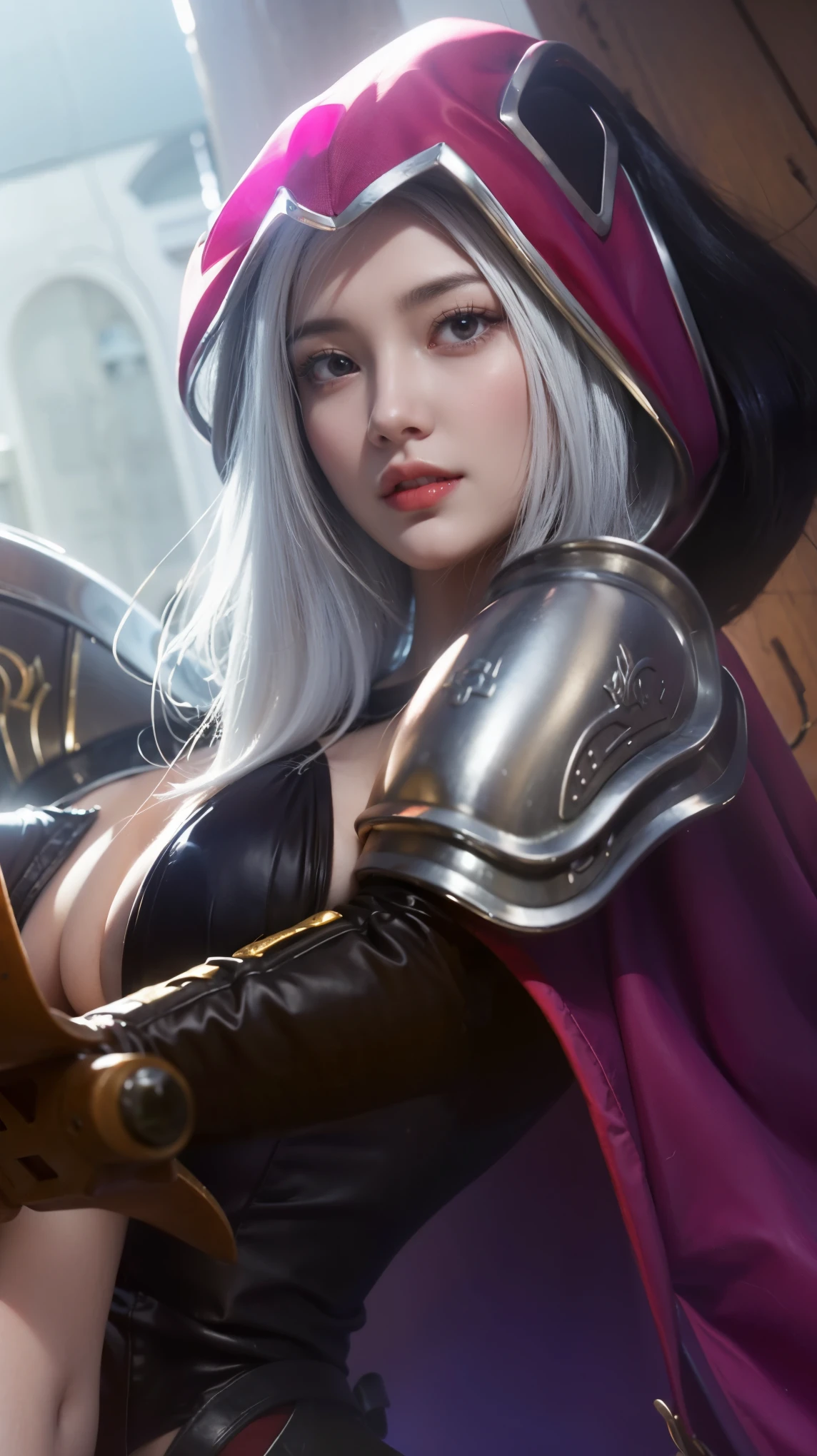 a close up of a woman wearing a red hood like a ruby ​​wearing a patch over one eye, shadowbringers cinematic, 4 k detail fantasy, a beautiful fantasy empress, game cg, xianxia fantasy, xianxia hero, 2. 5 d cgi anime fantasy artwork, cinematic goddess close shot, ruan jia and artgerm, wow 4 k detail fantasy, hyperdetailed fantasy character, smile beautifull.