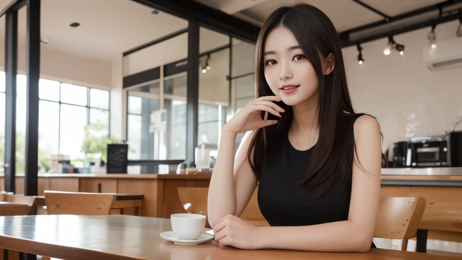 On the table, highest quality, shape, Very detailed, finely, High resolution, 8k wallpaper, 完璧なダイナミックな構shape, Beautiful and delicate eyes, Medium length hair, Small breasts, Natural lipstick, Casual sexy pose,smile,20-year-old girl、Inside the cafe、Beautiful and elaborate face、Perfect beautiful face,Big eyes、Original photo、Expressing a woman&#39;s posture using her whole body、Beautiful and delicate eyes、Small face、Beautiful Duplex、Facelift and style,skirt、Beautiful golden ratio face,Long Hair