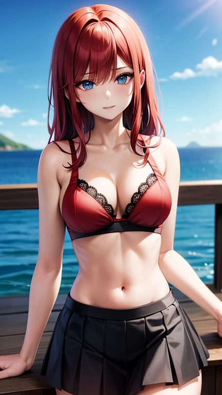 An anime girl with red hair and blue eyes wearing a skirt and an open shirt revealing a black and red bra