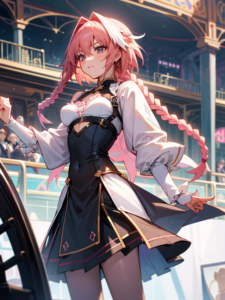 Top quality, 8K, 4K, high definition, detail, Astolfo, FGO, woman, bright amusement park, flat breasts, long braids, lots of spectators,