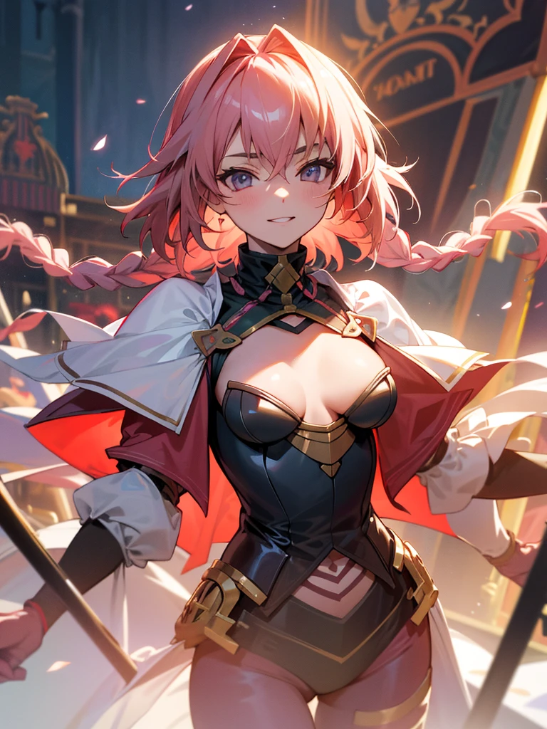 (masterpiece, best quality:1.2), <lora:fireemblem_hilda-10:1>, cowboy shot, solo, 1girl, hilda valentine goneril, grin, looking at viewer, hand on hip, ponytail, hildaalt, clothing cutout, cleavage cutout, red gloves, bare shoulders