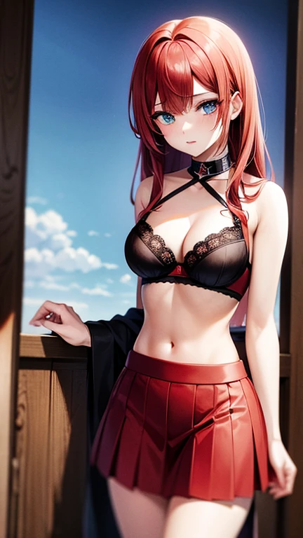 An anime girl with red hair and blue eyes wearing a skirt and an open shirt revealing a black and red bra