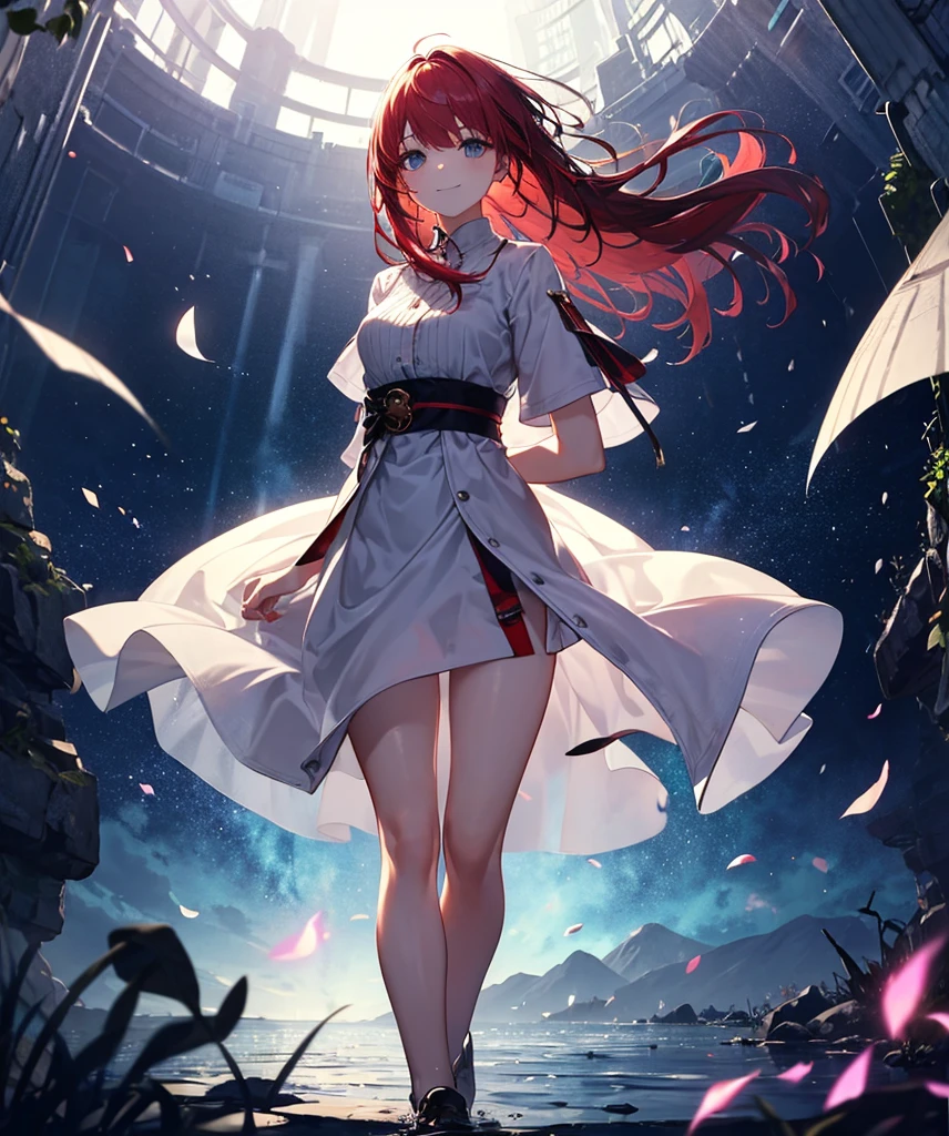 (masterpiece、top-quality)、frontage、solo、1girl in、lightly dressed、is standing、Hands folded behind your back、amidst nature、A smile、The long-haired、Light red hair、Hair flutters in the wind、Luminescence、Windy、Adult、