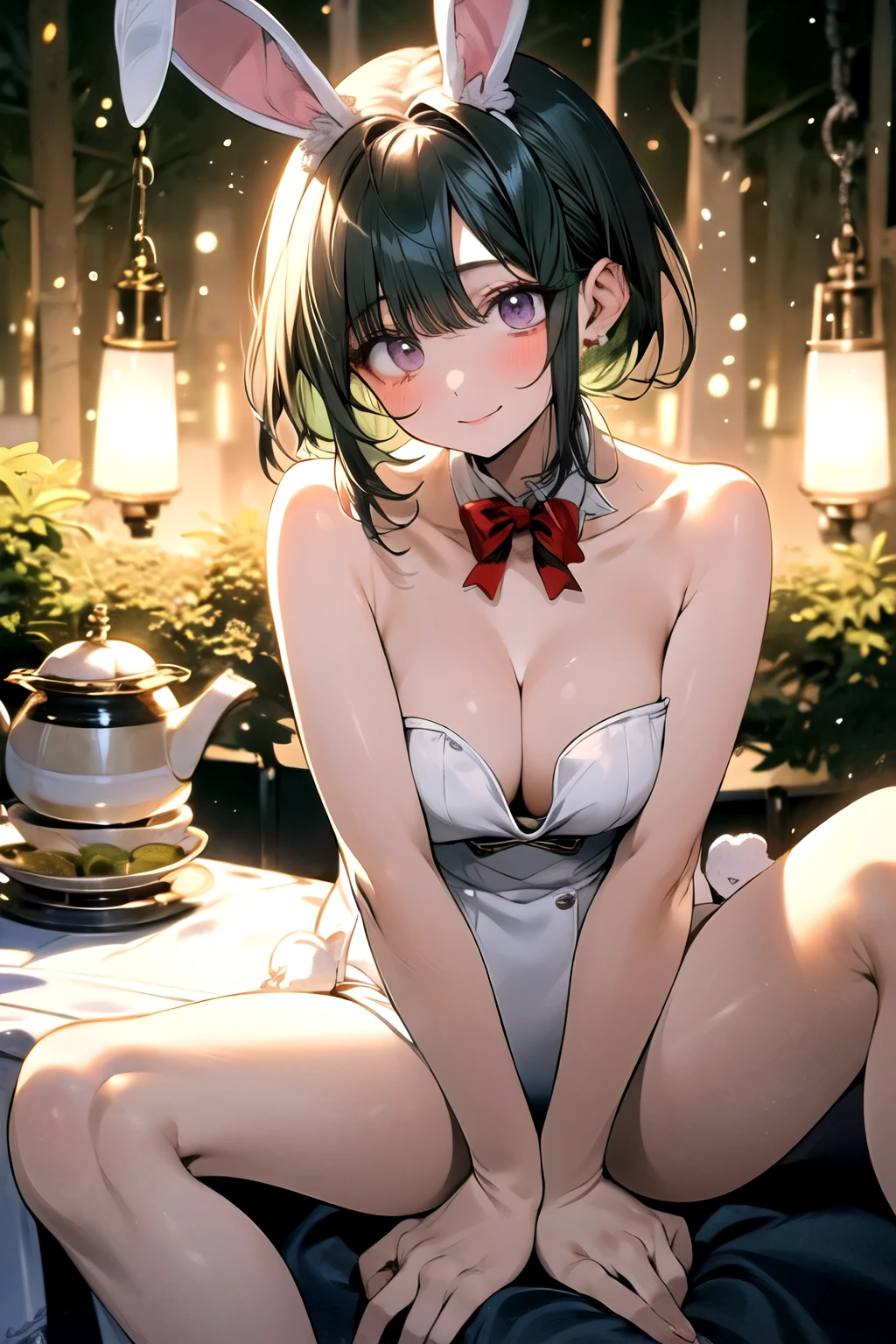 ((highest quality)), ((masterpiece)), (detailed), 1 girl、Perfect Face、Green Hair、Purple Eyes、Long eyelashes、White bunny ears、The gaze of the viewer、short hair、naked、全naked、nude、Very large breasts、Big Ass、Bundle、Bed、Functional、burn、Red cheeks、Feels good、The gaze of the viewer、Are sleeping、sex,Mating中、Piston movement、Insert、dhik、股にInsert、White Bunny、Teapot、field、Tea party、Mating、Spread your legs wide、Crotch hole、Surrounded by forest、Tea cup、On the table