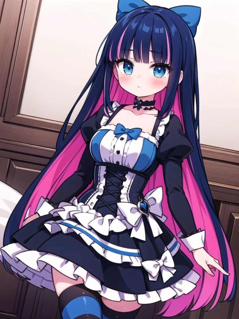 1girl, masterpiece, best quality, perfect hands, anarchy stocking, multicolored hair, pink colored inner hair, dark blue hair, blunt bangs, gothic dress, black with dark blue striped thighhighs, blue hair bow, corset dress, white choker, gothic dress, blush