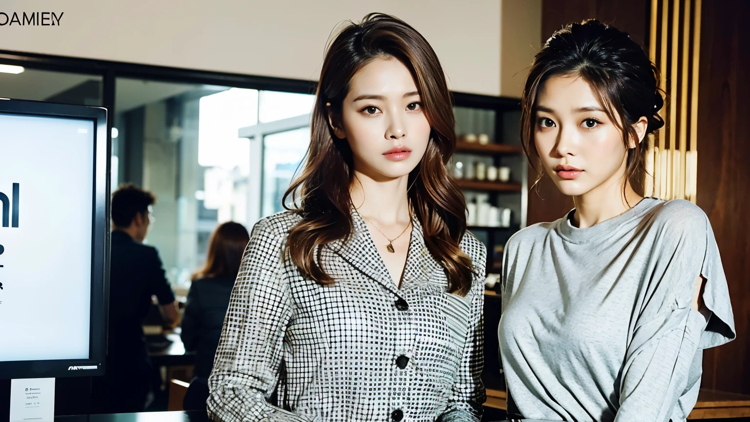super high quality, Fashion Model, The staff is working at the counter in the back.., (8k、RAW Photos、highest quality、masterpiece:1.2), Brown Hair, Stylish cafe, Fashion magazine shooting, (Realistic、Realistic:1.37), Beautiful Face , Mesh Hair, Urban Cafe, Golden Ratio, A gentle gaze, Spring Clothes, good looking, Super cool S-class guy, Muscular, good looking, Ruth Palmer, wild, Beautiful Hairstyles, 30 years old, Dandy, Business Casual,