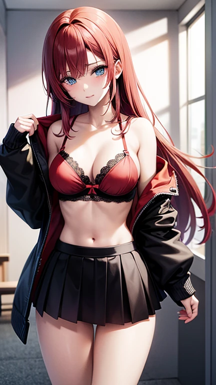An anime girl with red hair and blue eyes wearing a skirt and an open shirt revealing a black and red bra