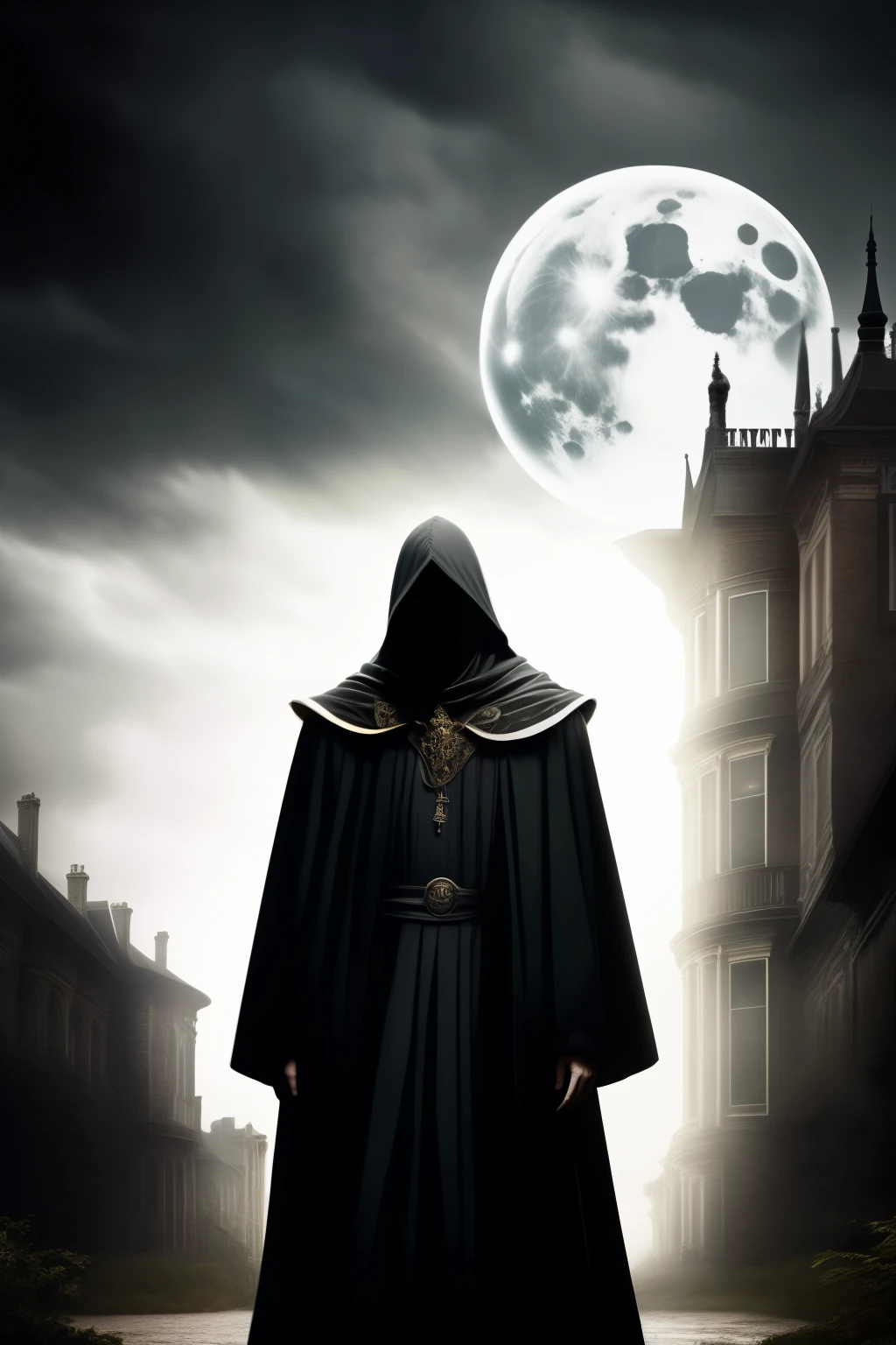 In the realm of a suspenseful and intricate narrative that unveils the mystery of "who's the killer," a shrouded figure emerges as the enigmatic protagonist. The man, dressed in a hooded cloak, clutches a menacing hunting knife in one hand, and a coiled rope dangles from the other, hinting at a sinister past. The mansion behind him, a grandiose edifice with arched windows and towering spires, looms large against the backdrop of a dark and foreboding aura. The moon, barely visible through the heavy clouds, casts a pallid light upon the scene, heightening the sense of mystery