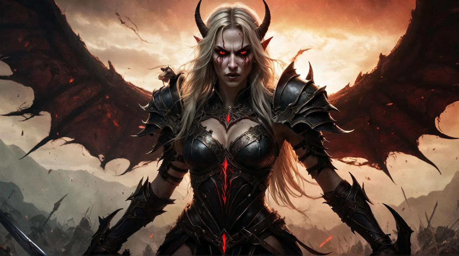 Illustrate a stunning movie poster for an epic fantasy trailer featuring Callizto, a night elf demon hunter. She is depicted with a fierce expression, her red eyes piercing through the darkness. She wears ornate, dark armor with a demonic influence, holding two blazing swords crossed in front of her. The backdrop is a war-torn battlefield under a blood-red sky, with demonic creatures emerging from the shadows. Highlight her as the central figure with a dark, magical glow surrounding her.