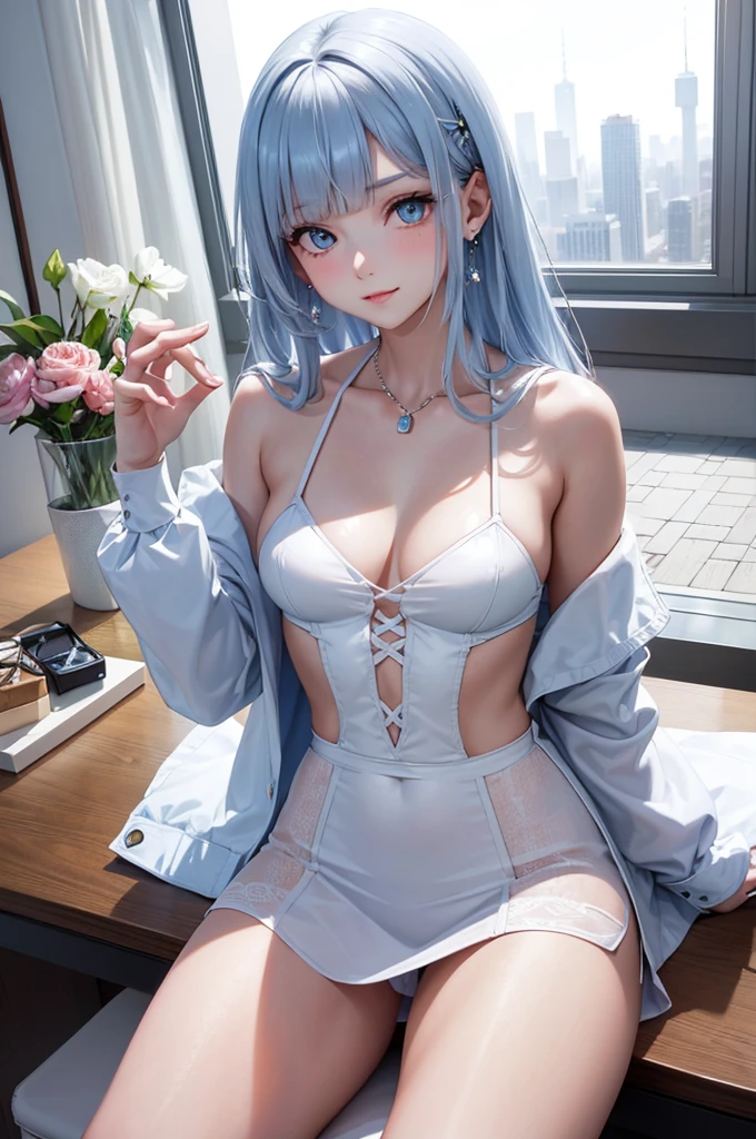 Character Details:, - Gender: 1 Girl.- Style: Anime, - Body Type: Attractive body, slim body, nice legs, slim tights, nice arms, nice shoulders. - Breast: ((Small Breast:1,5)), Show Cleavage.- Facial Featureeautiful, Gorgeous, ager, Fresh, Young.- Expression: Smile, Pink Blush on Face, Sexy Eyes, Sexy Look, Innocent Look, Tipsy. - Hairstyle: Blunt Bangs, Long Hair. - Hair Color: Light Blue Hair.- Clothing: off-shoulder, white cotton shirt, skirt, modern. - Body Pose: (Sitting). - Behaviour: Waiting, Want Something, Secretly.- Accessories: Earrings. Environmental Details:, - Setting: Office Room., - Lighting: Natural Light., - Decoration: Modern Office Desk, Chair, Window, White Curtain, City View. Top view.- Masterpiece, top quality, best quality, official art, beautiful, and aesthetic:1.2 - Fractal art:1.1, Colorful:1.1, Highest detailed:1.2, Zentangle:1.2 - Crisp details, Sharp lines, Rich textures, Fine craftsmanship:1.3 - High resolution, Meticulous rendering:1.2, POV, anime style, UHD, retina, masterpiece, accurate, anatomically correct, textured