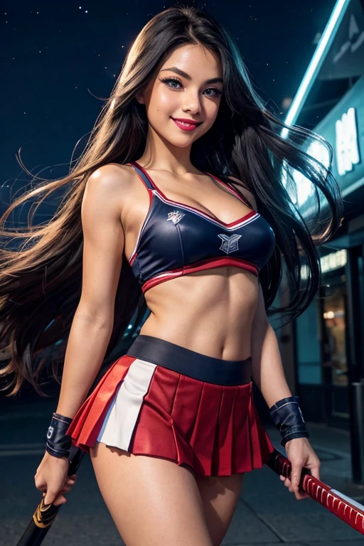 Cheerleader, cute woman, (katana in hand:1.1), big smile, expressive, simple nightscape, confident smile, better quality, blue eyes, glowing eyes, (long eyelashes:1.1), sharp eyes, ultra long hair, ultra detailed hair, ultra detailed hair strands, catwalk, walking down the streets, 8night, starry Sky, ultra detailed lips, Red lips,