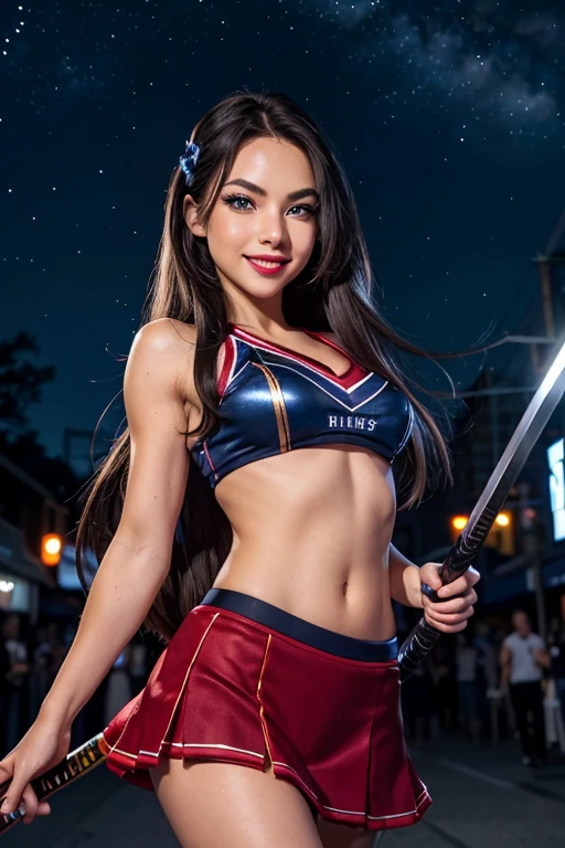 Cheerleader, cute woman, (katana in hand:1.1), big smile, expressive, simple nightscape, confident smile, better quality, blue eyes, glowing eyes, (long eyelashes:1.1), sharp eyes, ultra long hair, ultra detailed hair, ultra detailed hair strands, catwalk, walking down the streets, 8night, starry Sky, ultra detailed lips, Red lips,