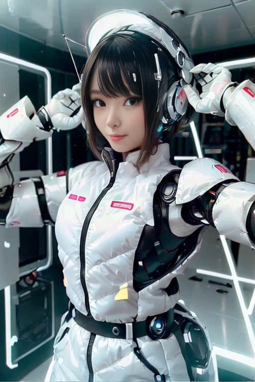 A girl in a futuristic bright white heavily armored robot suit takes a photo、perfect android girl, Female cyborg body, Perfect anime cyborg woman, Beautiful female android!, Female Robot, completely robot!! girl, Cute cyborg girl, Cyber Suit, Girl wearing mecha cybernetic armor, Cyber Suit, beutiful white girl cyborg, Beautiful female android, Beautiful girl cyborg、Cute cyborg girl with short bob hair、Beautiful android sculpture model、(Laughter)、((Rounded, white, sturdy armor))、(((Equipped with long sensor antennas on both ears)))、(((Robot Girl)))、(((Android girls)))、