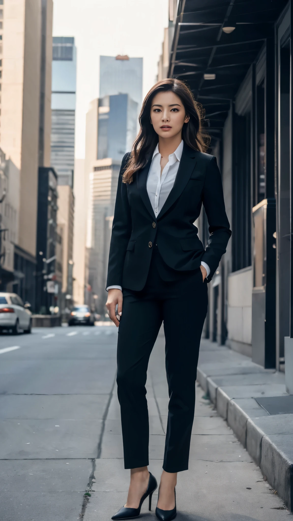 (8k, RAW Photos, highest quality, masterpiece: 1.2), (Realistic, photoRealistic: 1.37), 1 Woman in a suit standing on the sidewalk, Cityscape, Day, Sunny Morning, Professional Lighting, Photon Mapping, Radio City, Brazilian Women, Torn, shirt, Woman in a suit, Silk Suit
