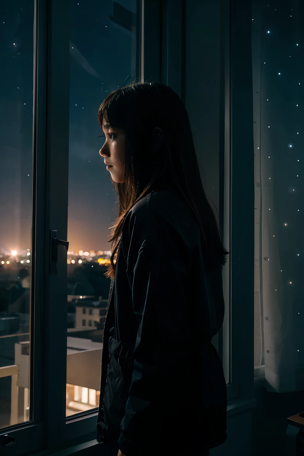 Girl looking out side the window at night sky