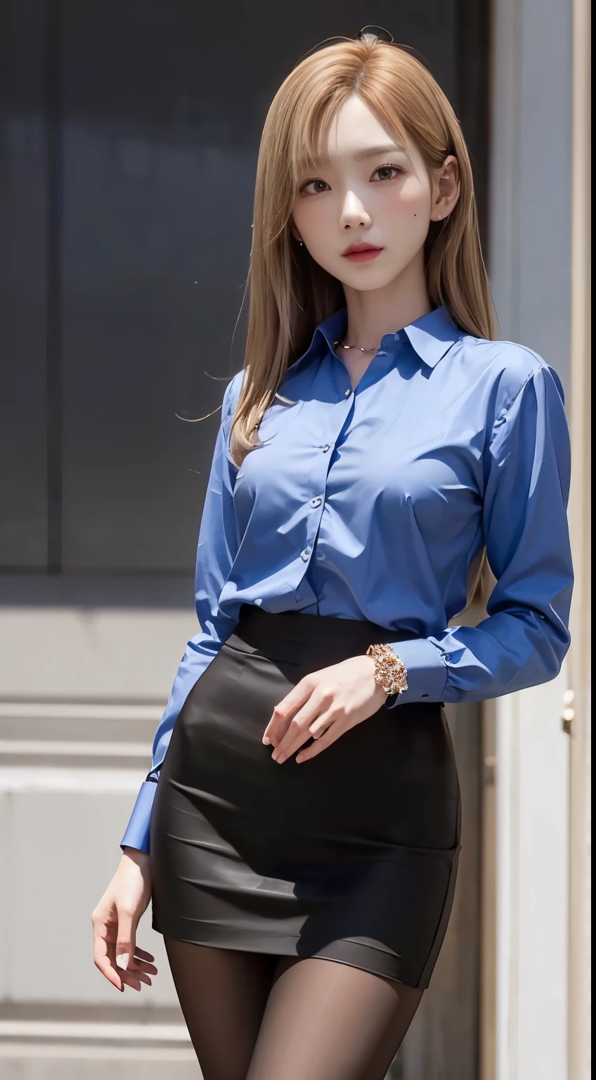 Elegant upper-class elite secretary,Wear a luxurious silk top, Skirts and thighs、27yo、big breasts body 162cm、Take a walk along the hallway、office clothes, (Wear pantyhose,Realistic pantyhose)、working in an office、wearing a strict business suit, Wear high-end heels、 Shirt girl, Wear an elegant shirt, Wear an ultra-thin top, merchant, Shirts and skirts, Wearing a silk shirt, Wear a shirt and skirt, RAW photo, (8K、top-quality、tmasterpiece:1.2)、(intricately details:1.4)、(Photorealsitic:1.4)、octane renderings、Complex 3D Rendering Ultra Detail, Studio soft light, rim lights, vibrant detail, super detailing, realistic skin textures, Detal Face, Beautiful detail eyes, Very detailed CG Unity 16k wallpaper, Make up - up, (detailedbackground:1.2), Bare with thighs!!!,