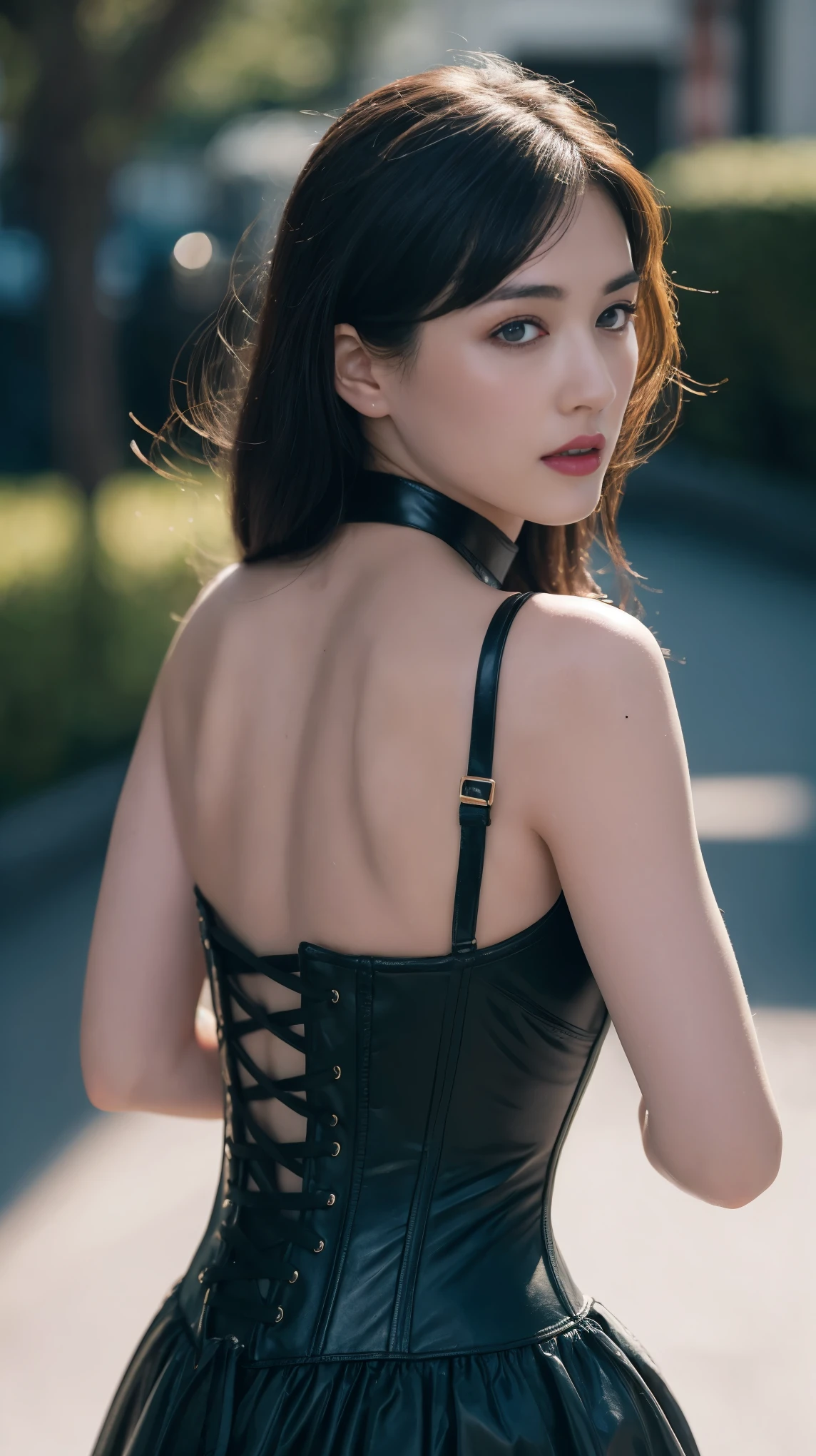 Victorian Vampires Award-winning RAW color photography by cherrynobodysd15+ Wearing a black dress and leather corset, dark霧の村, night、an ominous、dark、Premonition, haze, moonlight, Vivid and captivating eyes, Pale skin, (Black Hair)+, Shallow depth of field, High Contrast, Backlight, bloom, chromatic aberration, Smooth, Sharp focus, Shooting with a mirrorless camera