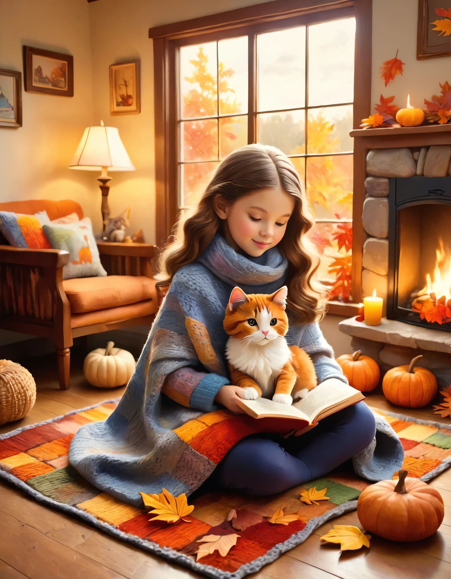 A warm, cozy wooden house living room. A large stone fireplace has logs burning inside, with flickering orange flames casting a warm glow. In front of the fireplace lies a colorful patchwork rug, and on it sits a girl wrapped in a blanket. She has long chestnut hair and is wearing a hand-knit sweater and leggings. She holds an old picture book, turning the pages. Next to her, a small gray cat is curled up, its face tucked into the edge of the blanket.

Outside the window, the last of the autumn leaves are blowing in the wind, signaling the coming of winter. The ground is covered with colorful fallen leaves, and the distant trees are beginning to shed their leaves. A handmade autumn wreath decorates the window, reflecting the seasonal transition.

Above the fireplace, family photos and candles are arranged, adding a warm light to the room. The crackling sound of the fire and the cold wind blowing outside create a calm and soothing atmosphere.

In the corner of the room, there is a small wooden bookshelf filled with old picture books and handmade dolls. At the girl’s feet, scattered cat toys indicate playtime.

The girl’s expression is serene, occasionally gently stroking the cat. The cat purrs contentedly each time. The entire room is bathed in warm light and a sense of comfort, with a quiet and peaceful moment flowing.