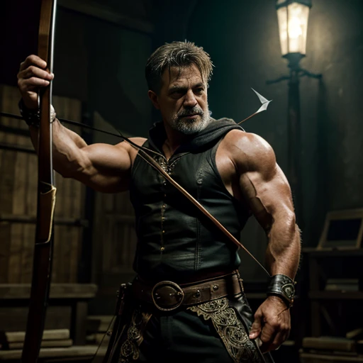 a muscular middle-aged thief aiming a bow and arrow, detailed facial features, intricate outfit, dramatic lighting, gritty fantasy atmosphere, hyper-realistic, cinematic composition, muted color palette, dramatic chiaroscuro lighting, high quality, 8k, photorealistic