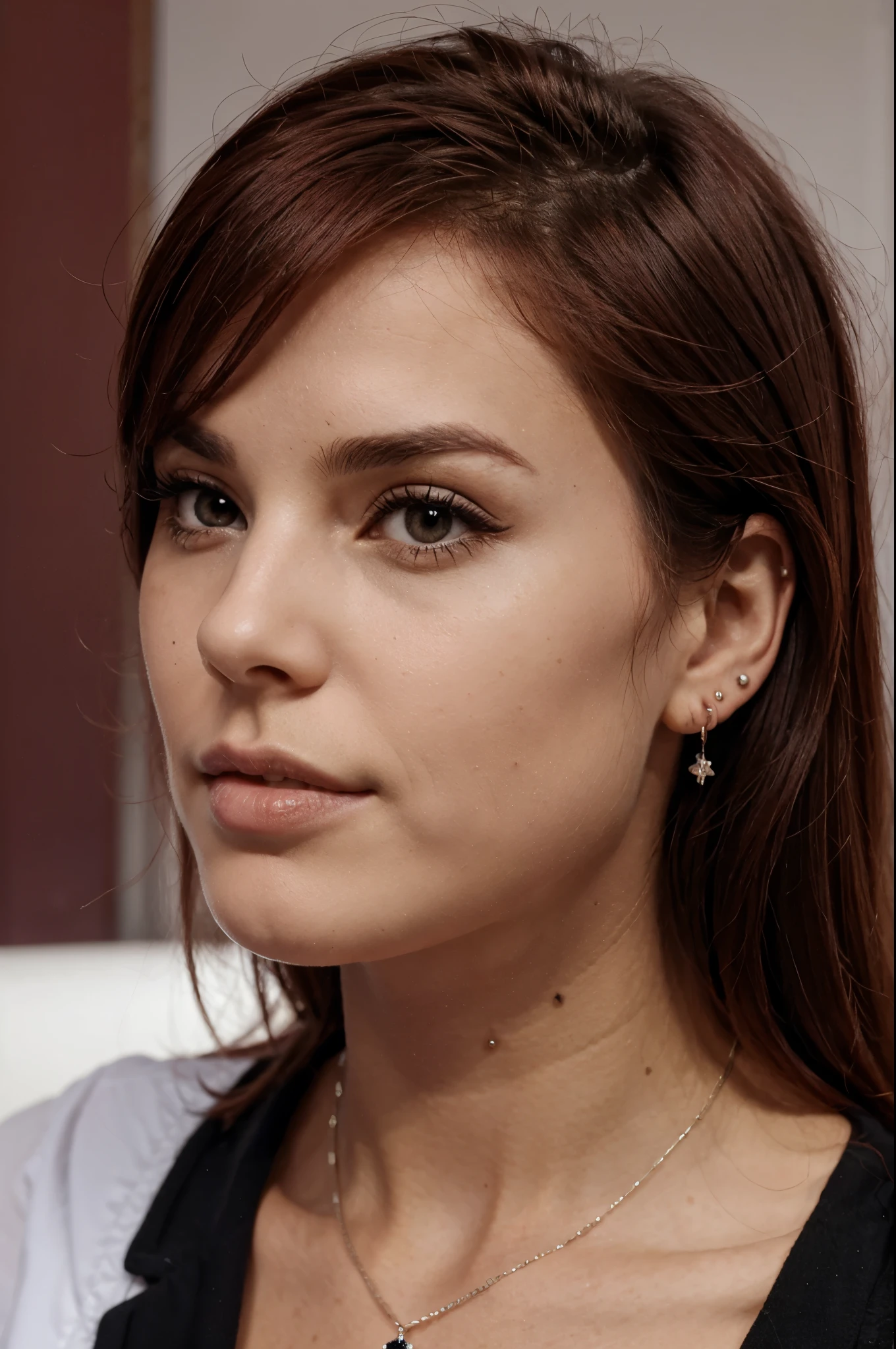 Femme réaliste cheveux couleurs bordeaux carré plongeant piercing au nez