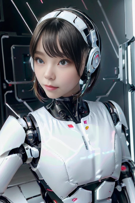 A girl in a futuristic bright white heavily armored robot suit takes a photo、perfect android girl, Female cyborg body, Perfect anime cyborg woman, Beautiful female android!, Female Robot, completely robot!! girl, Cute cyborg girl, Cyber Suit, Girl wearing mecha cybernetic armor, Cyber Suit, beutiful white girl cyborg, Beautiful female android, Beautiful girl cyborg、Cute cyborg girl with short bob hair、Beautiful android sculpture model、(Laughter)、((Rounded, white, sturdy armor))、(((Equipped with long sensor antennas on both ears)))、(((Robot Girl)))、(((Android girls)))、