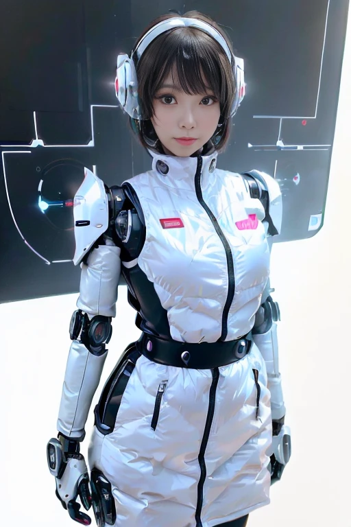 A girl in a futuristic bright white heavily armored robot suit takes a photo、perfect android girl, Female cyborg body, Perfect anime cyborg woman, Beautiful female android!, Female Robot, completely robot!! girl, Cute cyborg girl, Cyber Suit, Girl wearing mecha cybernetic armor, Cyber Suit, beutiful white girl cyborg, Beautiful female android, Beautiful girl cyborg、Cute cyborg girl with short bob hair、Beautiful android sculpture model、(Laughter)、((Rounded, white, sturdy armor))、(((Equipped with long sensor antennas on both ears)))、(((Robot Girl)))、(((Android girls)))、