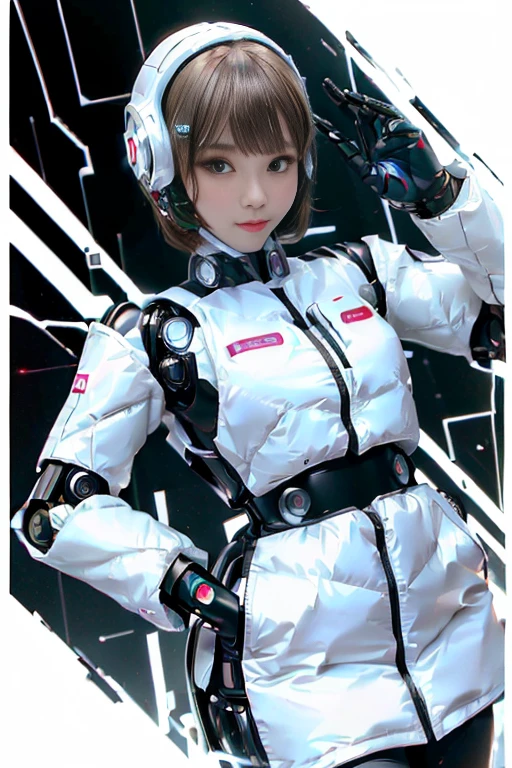 A girl in a futuristic bright white heavily armored robot suit takes a photo、perfect android girl, Female cyborg body, Perfect anime cyborg woman, Beautiful female android!, Female Robot, completely robot!! girl, Cute cyborg girl, Cyber Suit, Girl wearing mecha cybernetic armor, Cyber Suit, beutiful white girl cyborg, Beautiful female android, Beautiful girl cyborg、Cute cyborg girl with short bob hair、Beautiful android sculpture model、(Laughter)、((Rounded, white, sturdy armor))、(((Equipped with long sensor antennas on both ears)))、(((Robot Girl)))、(((Android girls)))、