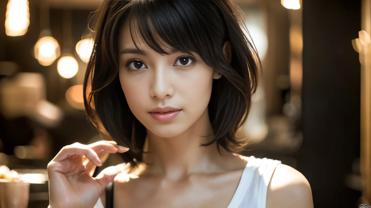 Random Pause, Mix 4, (8k, Original photo, highest quality, masterpiece: 1.45), (Actual, Genuine: 1.37), Skinny Japanese woman, One girl, charm, Inside the café, Professional Lighting, Photon Mapping, Radio City, Physically Based Rendering, Gradient black hair, Short Curly Hair, good looking, girl, T-Shirts, High resolution, 1080p, (Clear Face), (Detailed facial depiction), (Detailed description of the hand), (Exquisite CGI), Extreme light and shadow, Messy Hair, Lots of details, (Elegant Features), (highest quality photos), (Beautiful Eyes), Look in front of you, Thin clavicle,Photo taken in a cafe