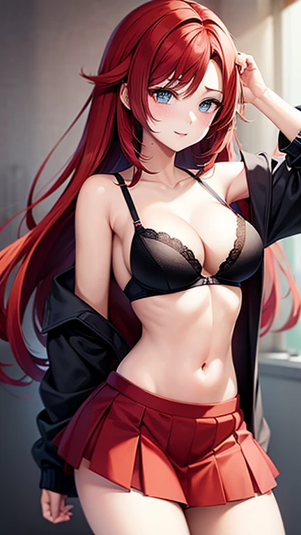 An anime girl with red hair and blue eyes wearing a skirt and an open shirt revealing a black and red bra