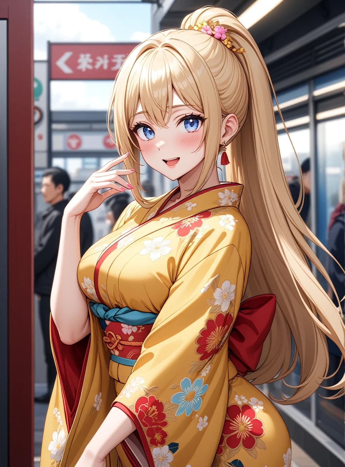 ((One woman)), Beautiful Face,Laughing embarrassedly,Blushing,Glossy pink lips,Daytime,Meet at the station ticket gate, ((Anime style background)),masterpiece, highest quality, so beautiful, up to date, Complex details, (Pink long nails),AI-generated, Complex,High resolution, highest quality, super high quality,3D Images、View the viewers、3D Images,one person,Long Blonde Hair,High Ponytail,blue eyes,Anime woman posing for a photo, [[Fine grain、Colorful eyes、Shining Eyes:1.15]],(Squint your eyes:1.1),a hyperRealistic , hyperRealistic , Realistic,Blonde anime woman with long hair, Smooth anime CG art, A woman in a colorful kimono with gold embroidery, Yellow kimono,Flower pattern kimono,Long flower hair ornament,Earrings,(Large Breasts:1.2),Mature Body,tall,Big Ass,Fine details,Narrow waist,Six-pack,Wave one hand towards the audience