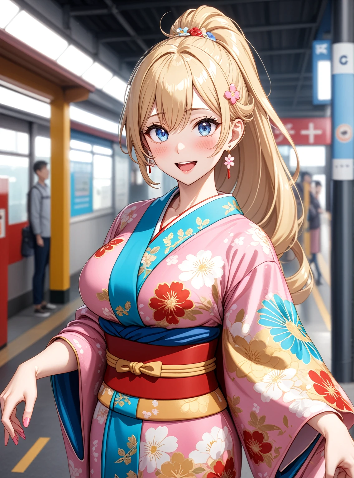 ((One woman)), Beautiful Face,Laughing embarrassedly,Blushing,Glossy pink lips,Daytime,Meet at the station ticket gate, ((Anime style background)),masterpiece, highest quality, so beautiful, up to date, Complex details, (Pink long nails),AI-generated, Complex,High resolution, highest quality, super high quality,3D Images、View the viewers、3D Images,one person,Long Blonde Hair,High Ponytail,blue eyes,Anime woman posing for a photo, [[Fine grain、Colorful eyes、Shining Eyes:1.15]],(Squint your eyes:1.1),a hyperRealistic , hyperRealistic , Realistic,Blonde anime woman with long hair, Smooth anime CG art, A woman in a colorful kimono with gold embroidery, Yellow kimono,Flower pattern kimono,Long flower hair ornament,Earrings,(Large Breasts:1.2),Mature Body,tall,Big Ass,Fine details,Narrow waist,Six-pack,Wave one hand towards the audience