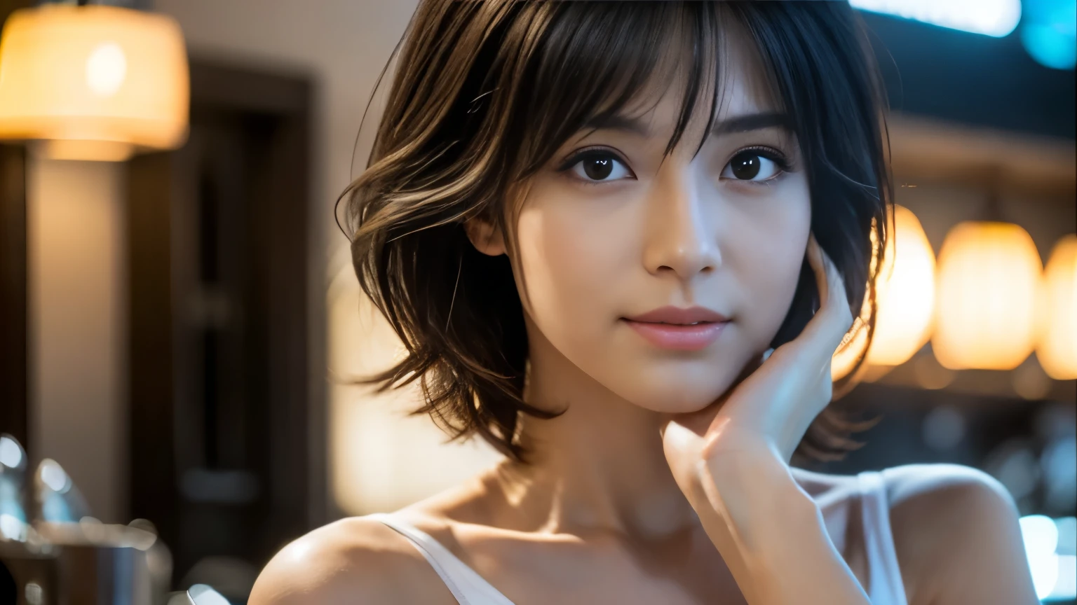 Random Pause, Mix 4, (8k, Original photo, highest quality, masterpiece: 1.45), (Actual, Genuine: 1.37), Skinny Japanese woman, One girl, charm, Inside the café, Professional Lighting, Photon Mapping, Radio City, Physically Based Rendering, Gradient black hair, Short Curly Hair, good looking, girl, T-Shirts, High resolution, 1080p, (Clear Face), (Detailed facial depiction), (Detailed description of the hand), (Exquisite CGI), Extreme light and shadow, Messy Hair, Lots of details, (Elegant Features), (highest quality photos), (Beautiful Eyes), Look in front of you, Thin clavicle,Photo taken in a cafe