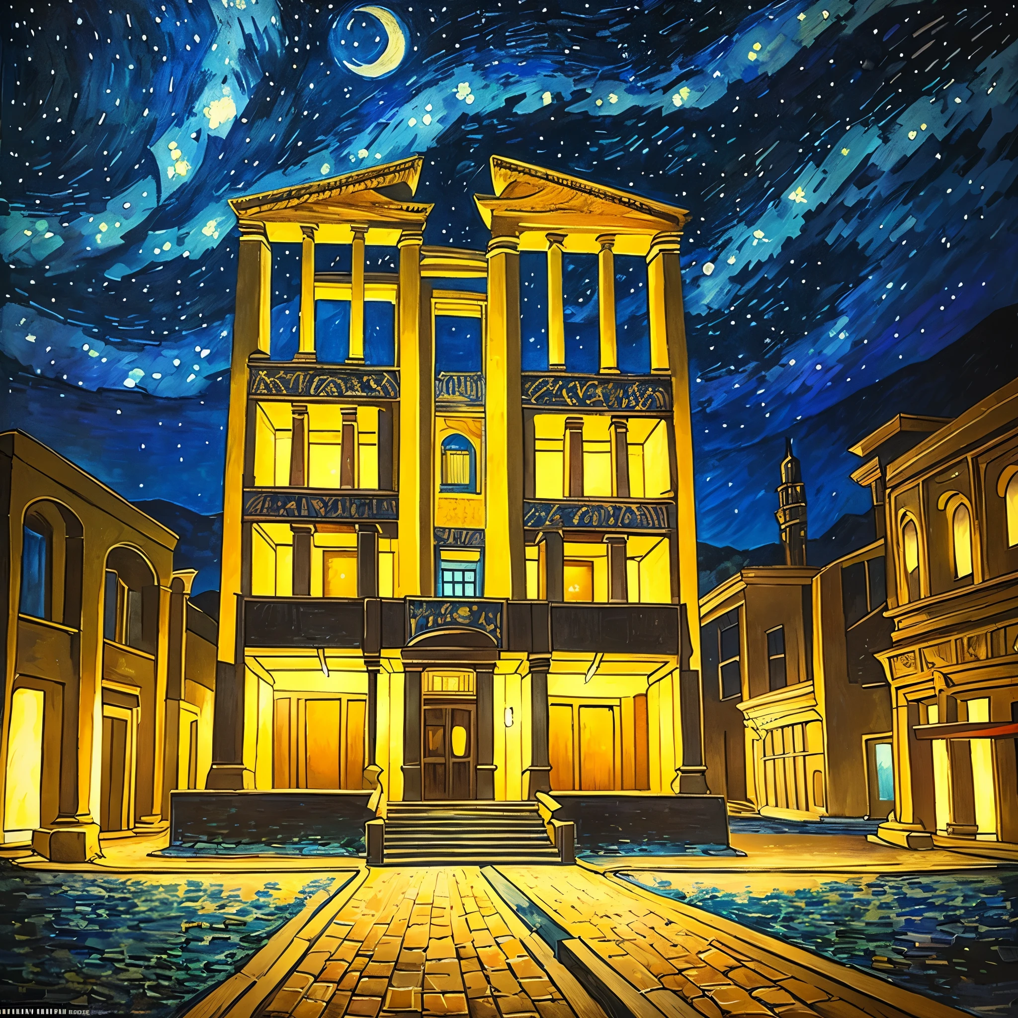 Draw me a Vincent van Gogh style painting, use colors that evoke fear, the exterior of Persepolis is prominent in that painting, and the night sky is full of alien cars from another planet and their light cars. It lights up the night.