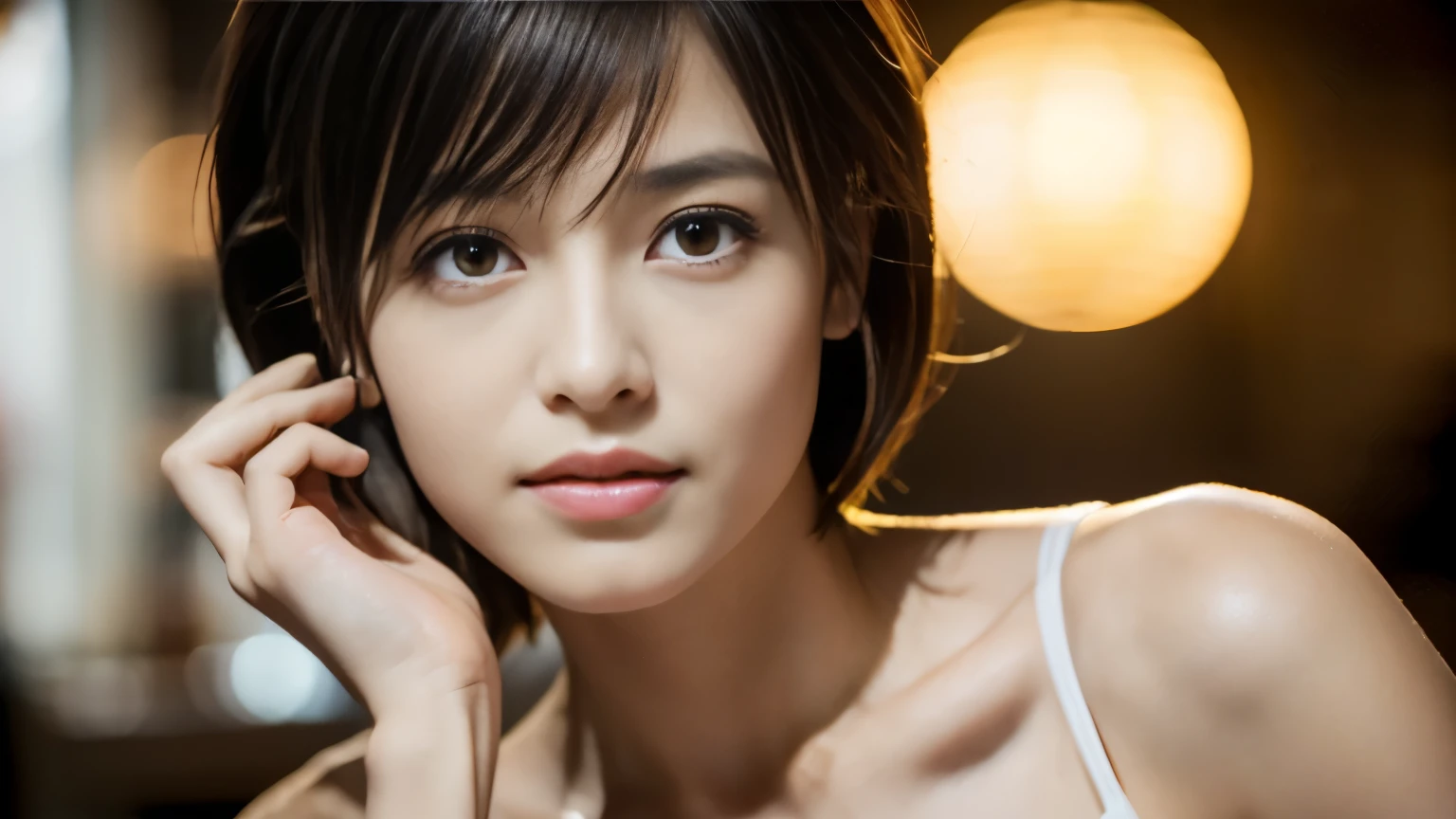 Random Pause, Mix 4, (8k, Original photo, highest quality, masterpiece: 1.45), (Actual, Genuine: 1.37), Skinny Japanese woman, One girl, charm, Inside the café, Professional Lighting, Photon Mapping, Radio City, Physically Based Rendering, Gradient black hair, Short Curly Hair, good looking, girl, T-Shirts, High resolution, 1080p, (Clear Face), (Detailed facial depiction), (Detailed description of the hand), (Exquisite CGI), Extreme light and shadow, Messy Hair, Lots of details, (Elegant Features), (highest quality photos), (Beautiful Eyes), Look in front of you, Thin clavicle,Photo taken in a cafe