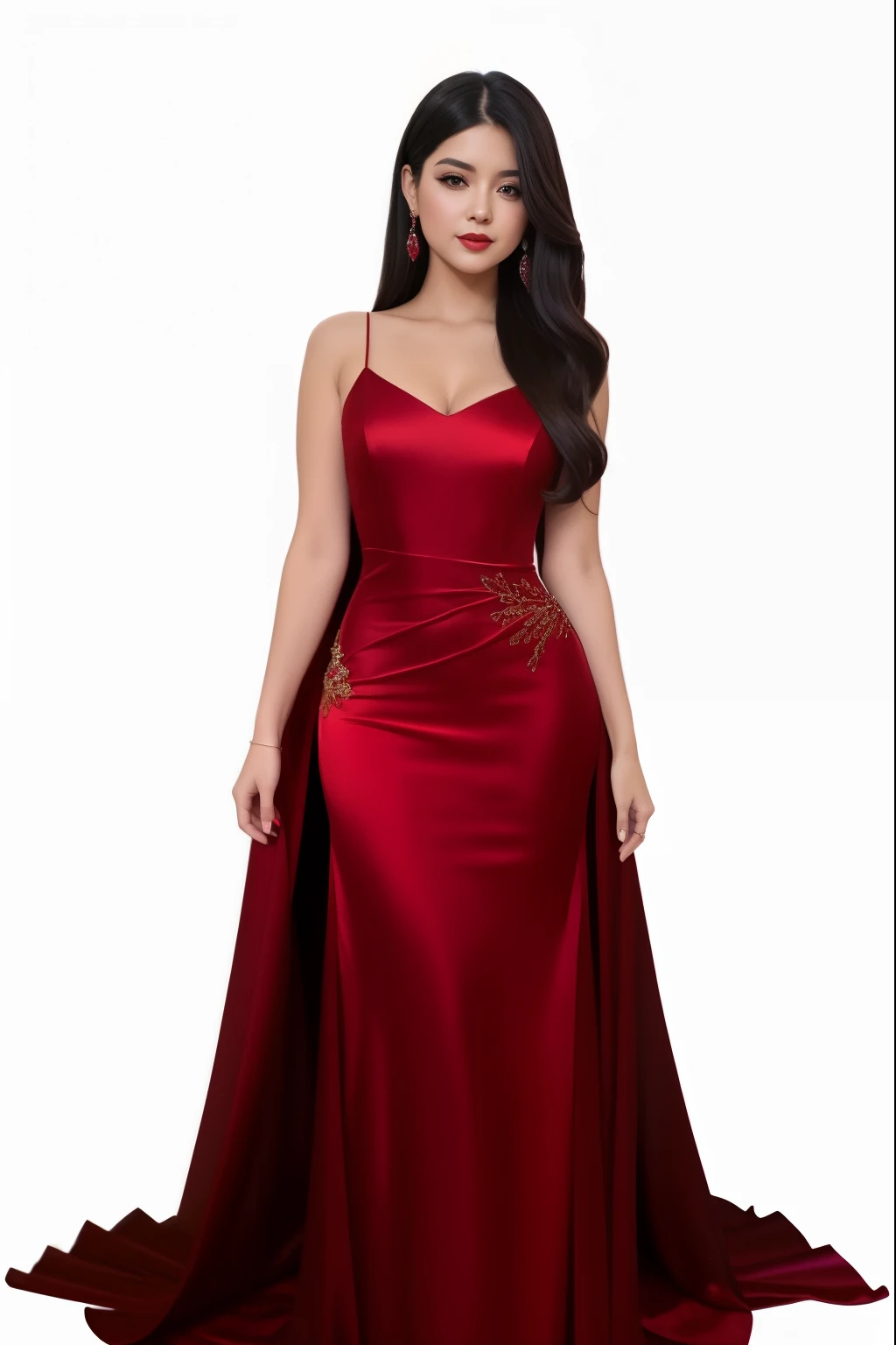 a woman in a red dress posing for a picture, wearing long gown, elegant red dress, sexy gown, ornate dark red opulent clothing, long gown, gown, in long red or blue dresses, fantasy long intricate gown, satin, in a red dress, royal gown, dressed beautiful gown, flowing gown, in crimson red, with a thin waist