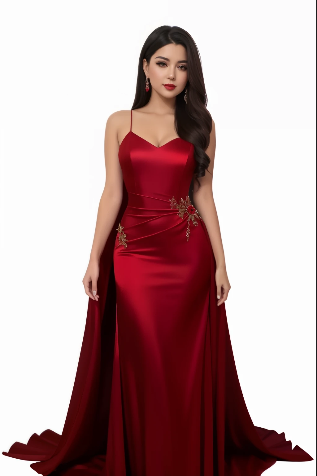 a woman in a red dress posing for a picture, wearing long gown, elegant red dress, sexy gown, ornate dark red opulent clothing, long gown, gown, in long red or blue dresses, fantasy long intricate gown, satin, in a red dress, royal gown, dressed beautiful gown, flowing gown, in crimson red, with a thin waist