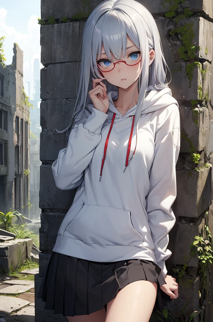 top-quality、Top image quality、​masterpiece、teens girl((white open chest hoodie、Black skirt、18year old、 Ager、Best Bust、big bast,Beautiful light blue eyes, Long silver hair、A slender,Large valleys、Reflecting the whole body、Leaning forward、put red sunglasses on your eyes、jumping pose、Worried face、tension、lean against the wall、sweating)),hiquality、Beautiful Art、Background with((Ruins、survival))​masterpiece、depth of fields,