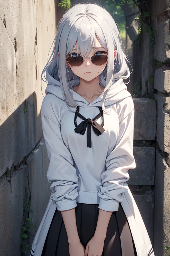 top-quality、Top image quality、​masterpiece、teens girl((white open chest hoodie、Black skirt、18year old、 Ager、Best Bust、big bast,Beautiful light blue eyes, Long silver hair、A slender,Large valleys、Reflecting the whole body、Leaning forward、put red sunglasses on your eyes、jumping pose、Worried face、tension、lean against the wall、sweating)),hiquality、Beautiful Art、Background with((Ruins、survival))​masterpiece、depth of fields,