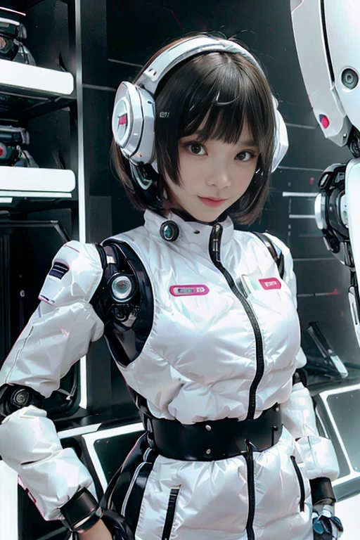 A girl in a futuristic bright white heavily armored robot suit takes a photo、perfect android girl, Female cyborg body, Perfect anime cyborg woman, Beautiful female android!, Female Robot, completely robot!! girl, Cute cyborg girl, Cyber Suit, Girl wearing mecha cybernetic armor, Cyber Suit, beutiful white girl cyborg, Beautiful female android, Beautiful girl cyborg、Cute cyborg girl with short bob hair、Beautiful android sculpture model、(Laughter)、((Rounded, white, sturdy armor))、(((Equipped with long sensor antennas on both ears)))、(((Robot Girl)))、(((Android girls)))、