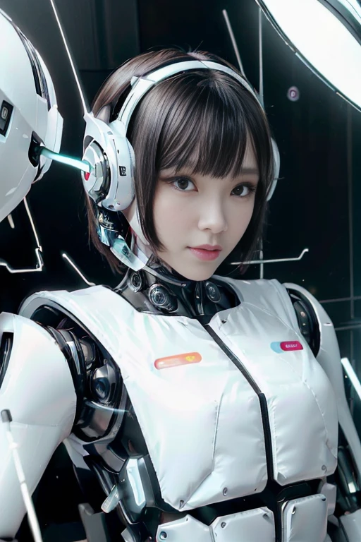 A girl in a futuristic bright white heavily armored robot suit takes a photo、perfect android girl, Female cyborg body, Perfect anime cyborg woman, Beautiful female android!, Female Robot, completely robot!! girl, Cute cyborg girl, Cyber Suit, Girl wearing mecha cybernetic armor, Cyber Suit, beutiful white girl cyborg, Beautiful female android, Beautiful girl cyborg、Cute cyborg girl with short bob hair、Beautiful android sculpture model、(Laughter)、((Rounded, white, sturdy armor))、(((Equipped with long sensor antennas on both ears)))、(((Robot Girl)))、(((Android girls)))、