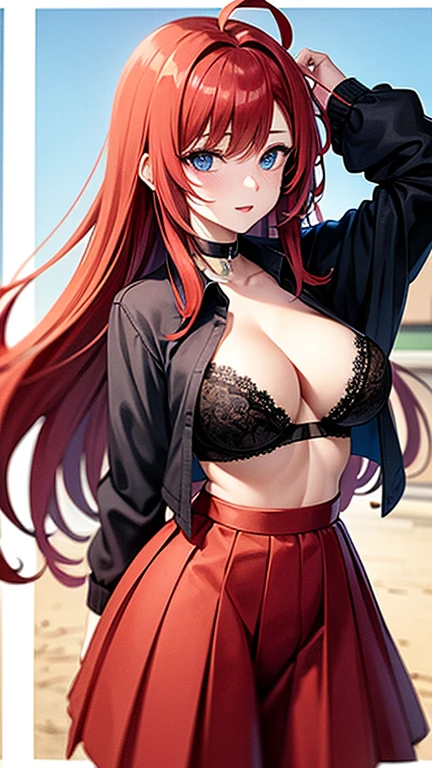 An anime girl with red hair and blue eyes wearing a skirt and an open shirt revealing a black and red bra