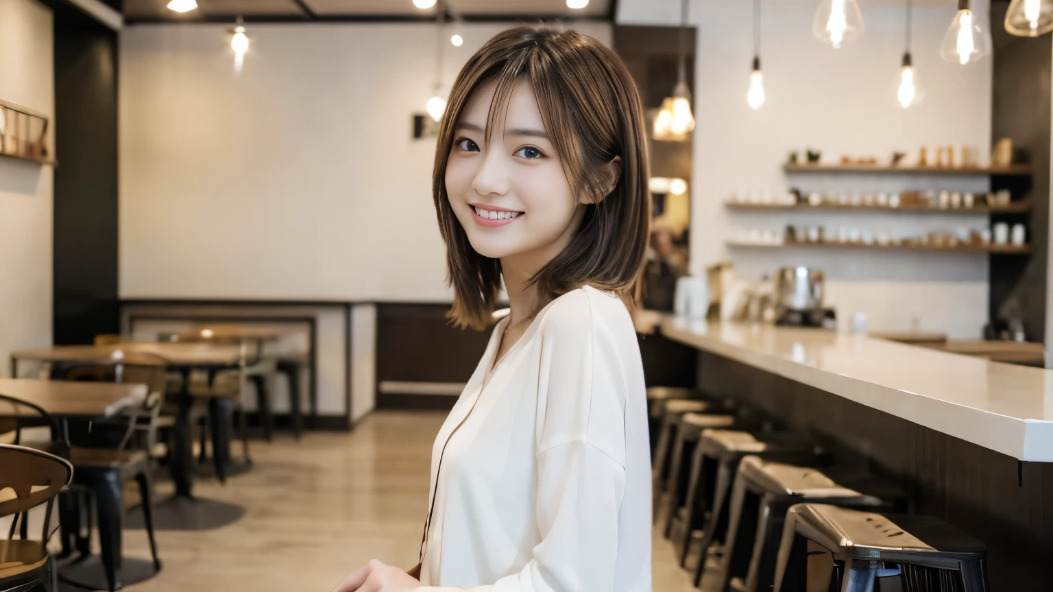 Young Japanese Woman, 30th generation, White Background, Stylish cafe interior background, White brown hair, thin, 4K, 8k, high quality, beauty, smile, Beautiful Eyes, Characterized by simplicity, High resolution,1 person,Beautiful clothes