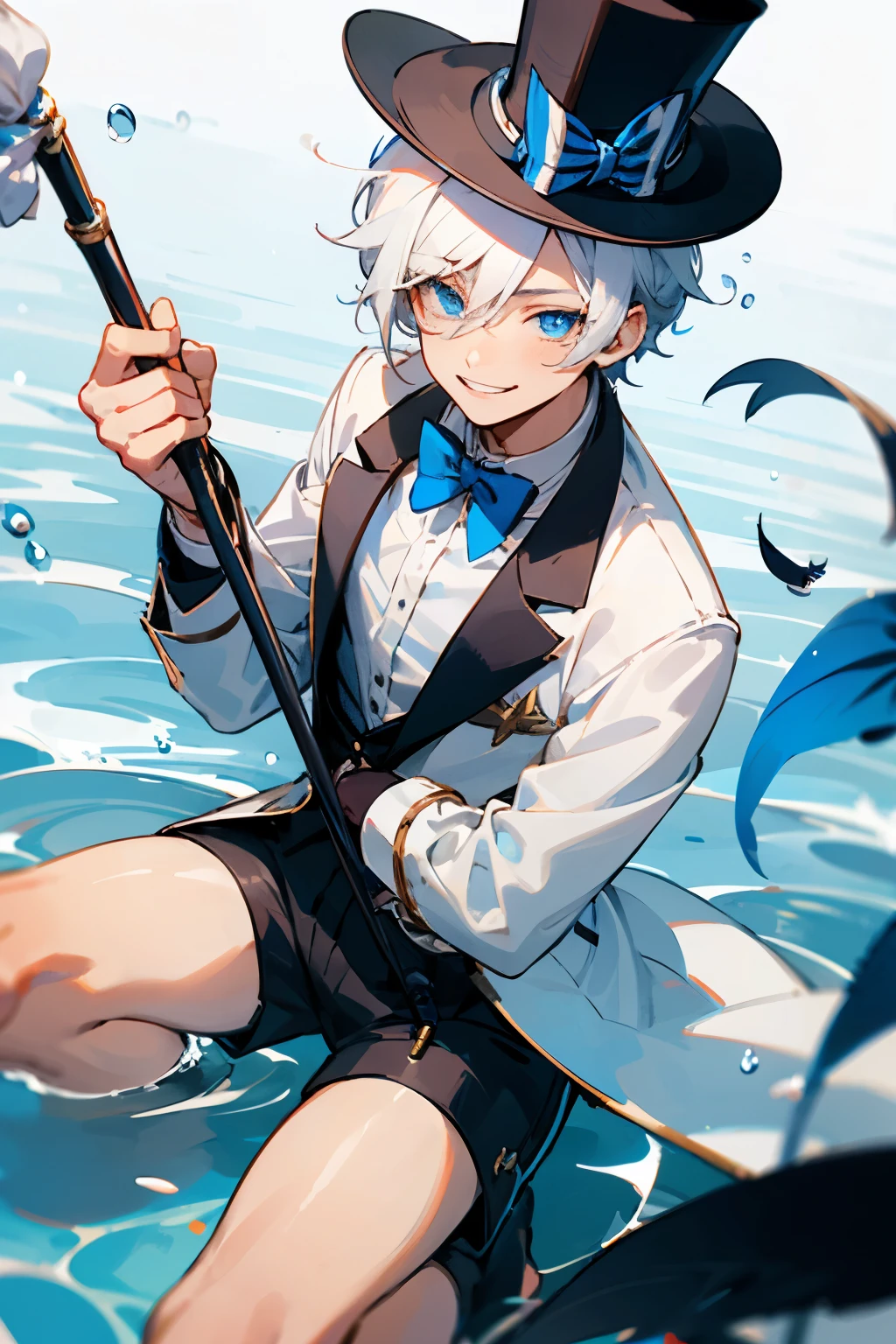 Male, teenager, white hair with blue stripes, Black top hat with feather, blue eyes, water drop pupils, smiling, holding cane, wearing shorts, Blue Bow tie