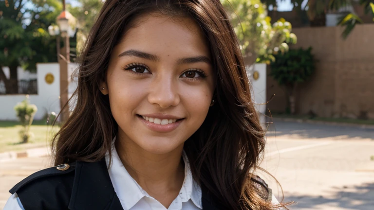 a 23 year old Bolivian girl with brown hair, piel clara, ojos claros, sonrisa delicada, cuerpo delicado, vistiendo uniforme escolar cuerpo completo