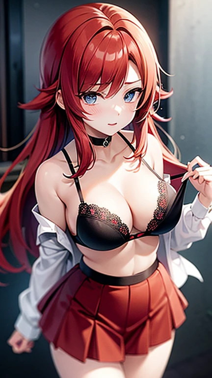 An anime girl with red hair and blue eyes wearing a skirt and an open shirt revealing a black and red bra