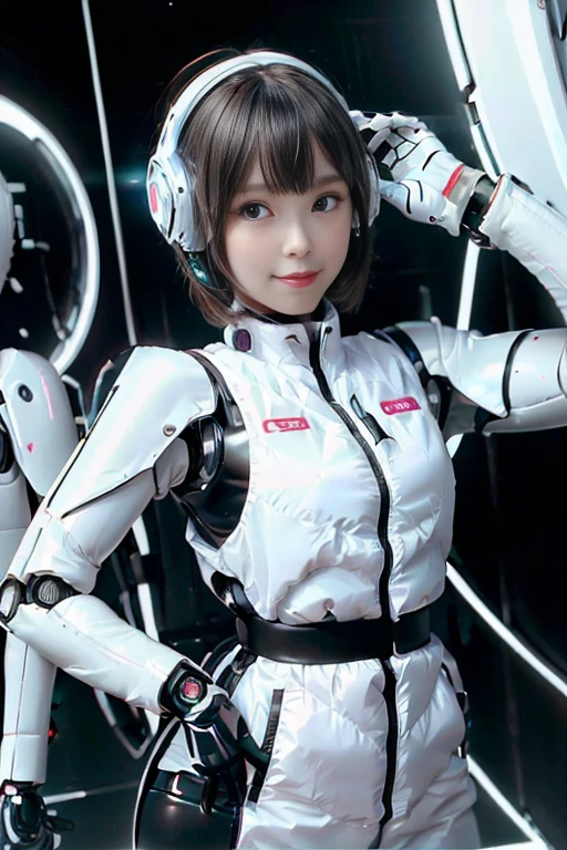 A girl in a futuristic bright white heavily armored robot suit takes a photo、perfect android girl, Female cyborg body, Perfect anime cyborg woman, Beautiful female android!, Female Robot, completely robot!! girl, Cute cyborg girl, Cyber Suit, Girl wearing mecha cybernetic armor, Cyber Suit, beutiful white girl cyborg, Beautiful female android, Beautiful girl cyborg、Cute cyborg girl with short bob hair、Beautiful android sculpture model、(Laughter)、((Rounded, white, sturdy armor))、(((Equipped with long sensor antennas on both ears)))、(((Robot Girl)))、(((Android girls)))、