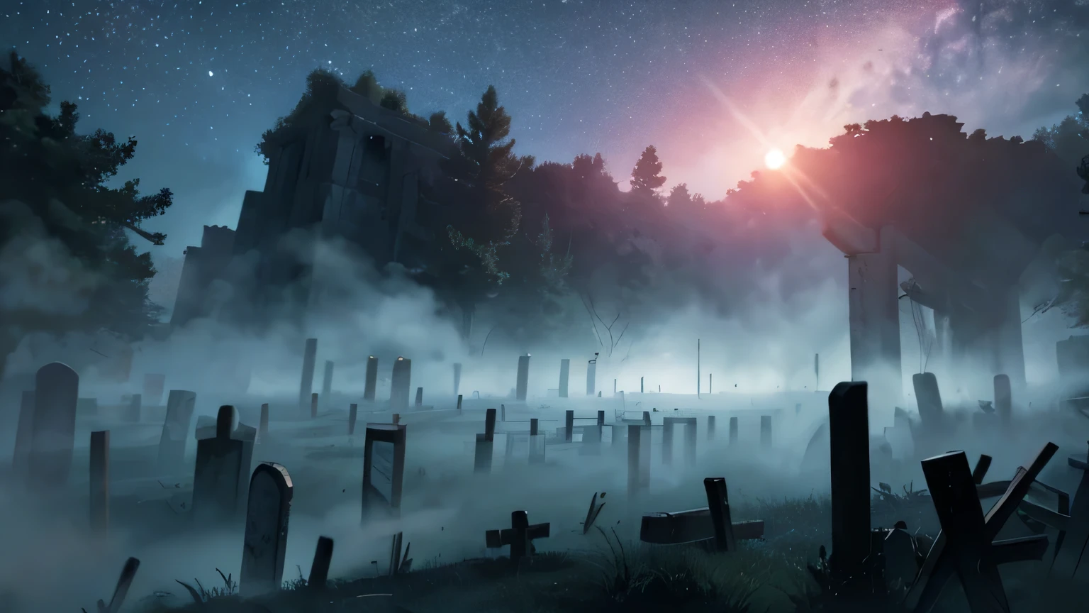 battlefield full of tombstones at night with horror style fog