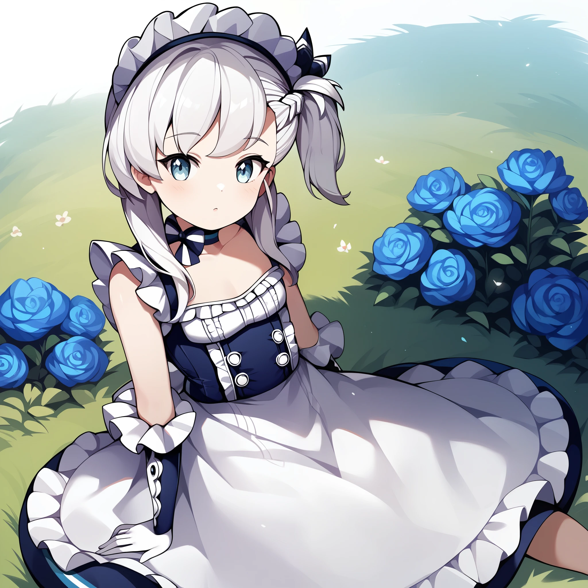 score_9, score_8_up, score_7_up, score_6_up, score_5_up, score_4_up, source_anime, bbbelfast, one side up, aged down, maid headdress, blue choker, frills, maid, sleeveless, elbow gloves, white gloves, waist apron, white apron, :o, sitting, on floor, grass, field, flower