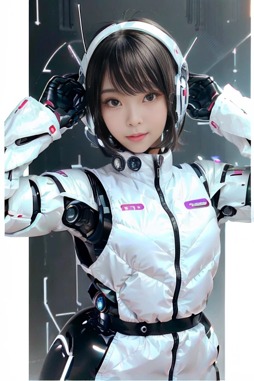A girl in a futuristic bright white heavily armored robot suit takes a photo、perfect android girl, Female cyborg body, Perfect anime cyborg woman, Beautiful female android!, Female Robot, completely robot!! girl, Cute cyborg girl, Cyber Suit, Girl wearing mecha cybernetic armor, Cyber Suit, beutiful white girl cyborg, Beautiful female android, Beautiful girl cyborg、Cute cyborg girl with short bob hair、Beautiful android sculpture model、(Laughter)、((Rounded, white, sturdy armor))、(((Equipped with long sensor antennas on both ears)))、(((Robot Girl)))、(((Android girls)))、